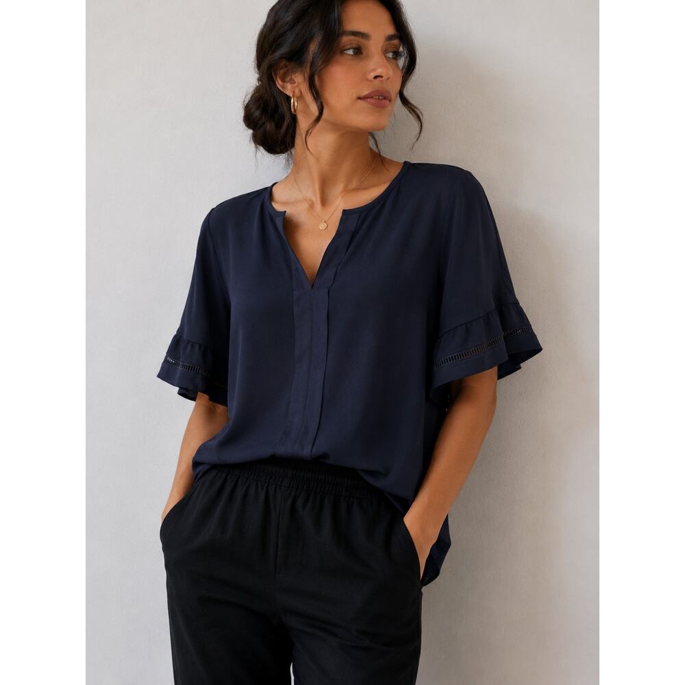 Banana Republic XL Navy Blue Blouse Split Neck Ruffle Sleeve Office Career Top - Picture 1 of 12